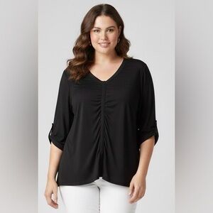Chalou German brand black half sleeve blouse, V-neck, scrunched front/sleeves,18